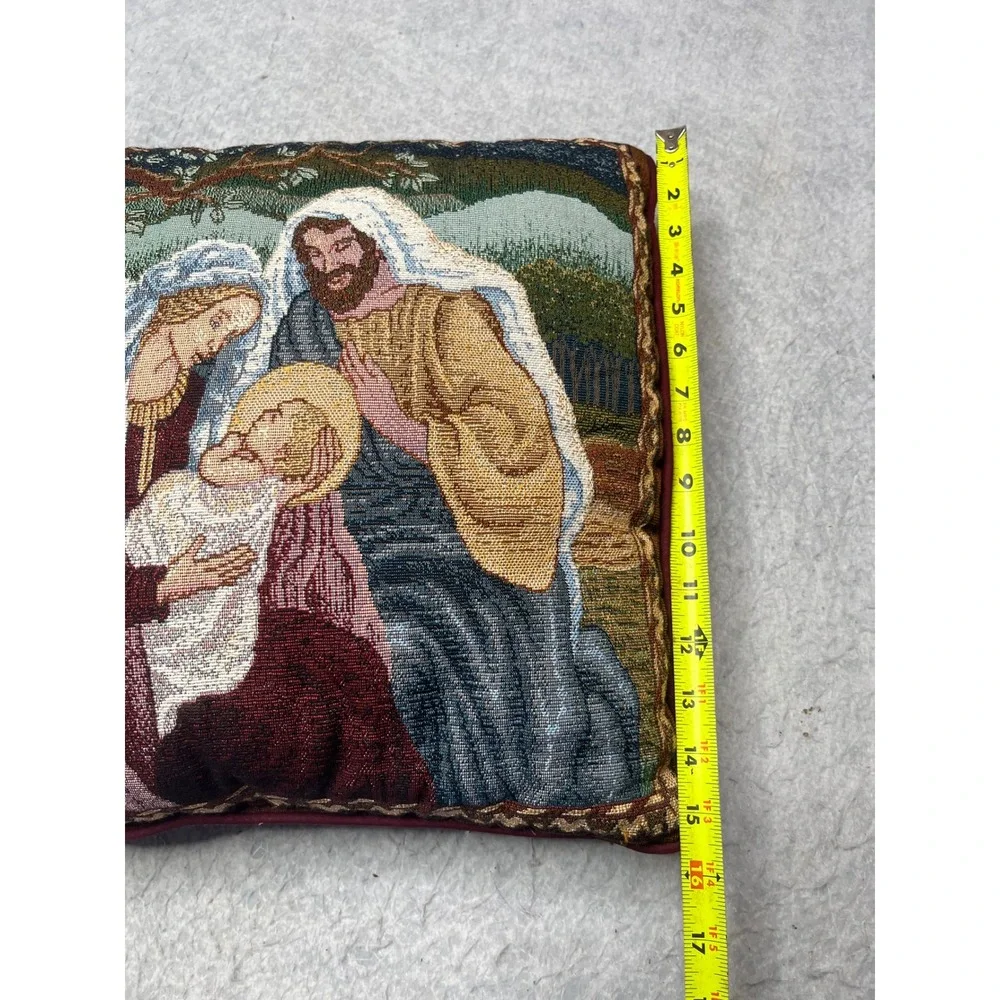 Vintage Nativity Tapestry Throw Pillow Holy‎ Family Christmas Decor Burgundy
